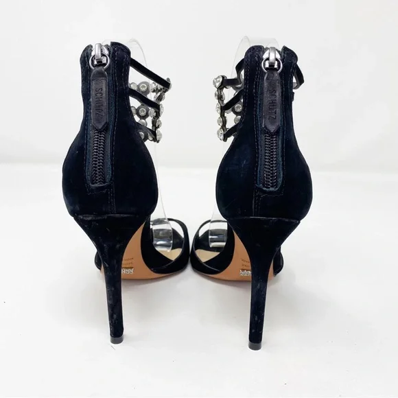 Schutz Size 6B Black Stiletto Heel Sandals with Bejeweled Rhinestone Ankle Strap - Picture 4 of 10